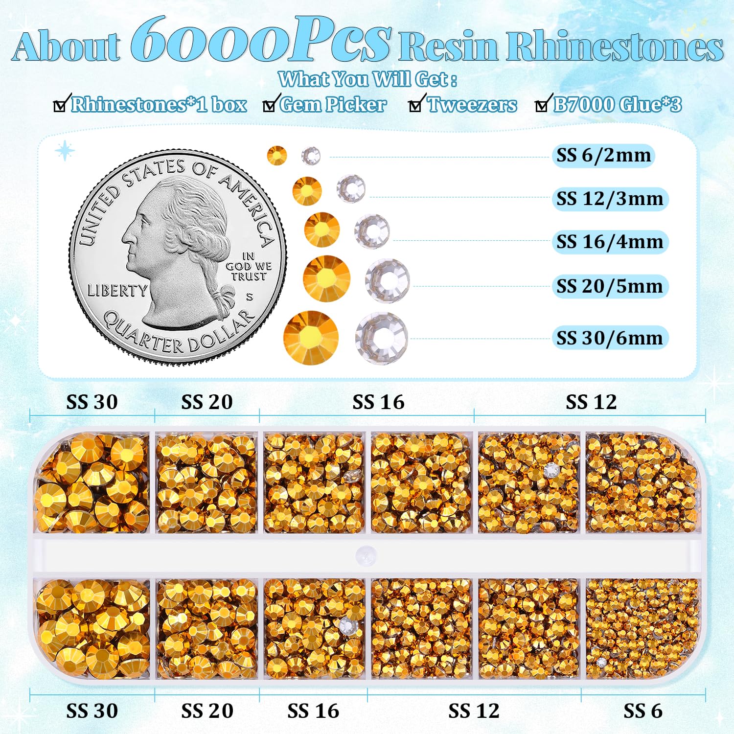 6000Pcs Resin Rhinestones for Bedazzling with 3Pcs B7000 Jewelry Glue, 1 Box Mine Gold Flatback Rhinestones for Crafting Crafts DIY, Crystals Gems for Clothing Shoes Tumblers Nail Art Makeup-Velvo Beauty