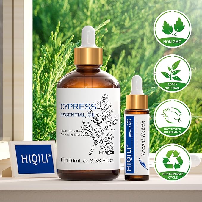 HIQILI 100ML Cypress Essential Oil, 100% Natural for Diffuser, Skin Care, Includes 10ML Travel Bottle - 3.38 Fl Oz-Velvo Beauty