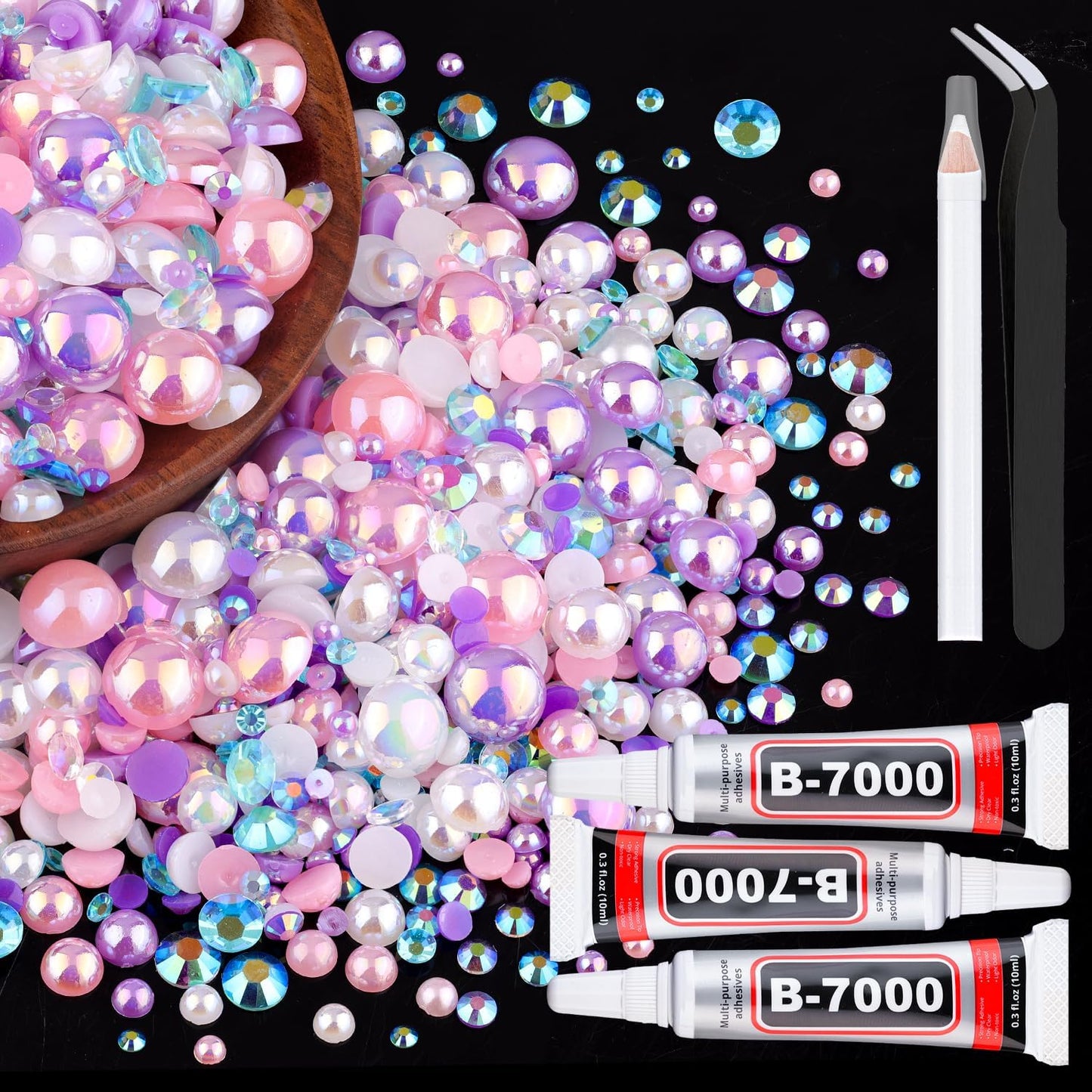 80g Flatback Pearls and Rhinestones for Crafting, Pink Purple 3-10mm Resin Rhinestones and Half Pearls for Bedazzling, Nail Art and Dec with 3pcs 10ml B7000 Jewelry Glue, Tweezer and Pickup Pencil-Velvo Beauty
