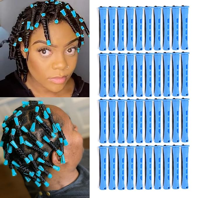 40pcs Perm Rods Set for Natural Hair Blue Plastic Cold Wave Rods Hair Curling Rollers with Steel Pintail Comb Rat Tail DIY Hairdressing Tools（40pcs Blue）-Velvo Beauty
