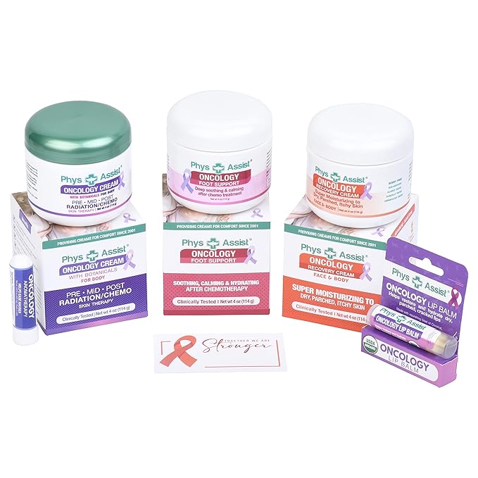 PhysAssist Bundle Oncology Kit For Women and Men - Comfort Kit For Chemo Patients. The Essentials for Face, Body & Feet. Includes Oncology Botanicals, Recovery and Foot Support. (3 - 4 oz) plus lip balm and aromaterahy nausea-Velvo Beauty