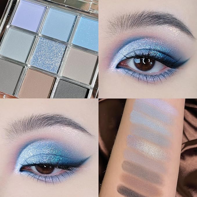 Erinde 9 Colors Eyeshadow Palette, Matte Shimmer Glitter Eye Shadow Palette Makeup, Highly Pigmented Long Lasting Waterproof, Natural Neutral Nude Eyeshadow Make Up Pallet, Blue-Velvo Beauty