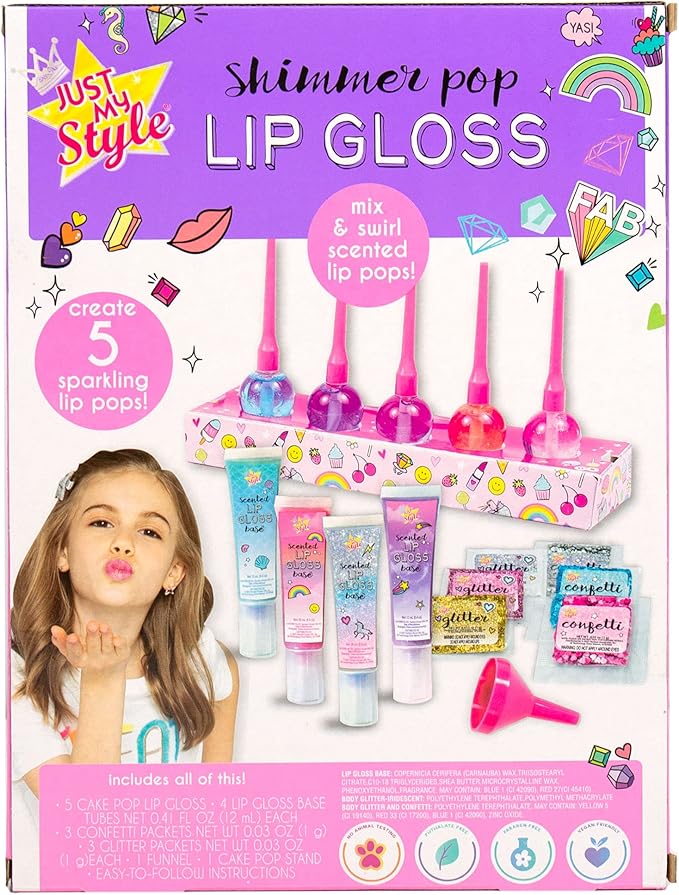Just My Style Shimmer Pop Lip Gloss, Create 5 Lollipop-Shaped Lip Glosses, Includes Funnel, Empty Lip Gloss Containers, Sweet Lip Gloss Base, Body Glitter & More, DIY Lip Gloss, Multi (208316J)-Velvo Beauty