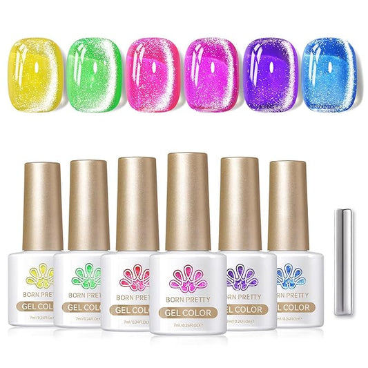 Born Pretty Cat Magnetic Eye Gel Nail Polish Spring Summer Neon Shimmer Glitter Holographic Cat Magnetic Eye Gel Crystal Glass Cat Magnetic Gel Polish Nail Art Manicure DIY at Home 6PCS-Velvo Beauty