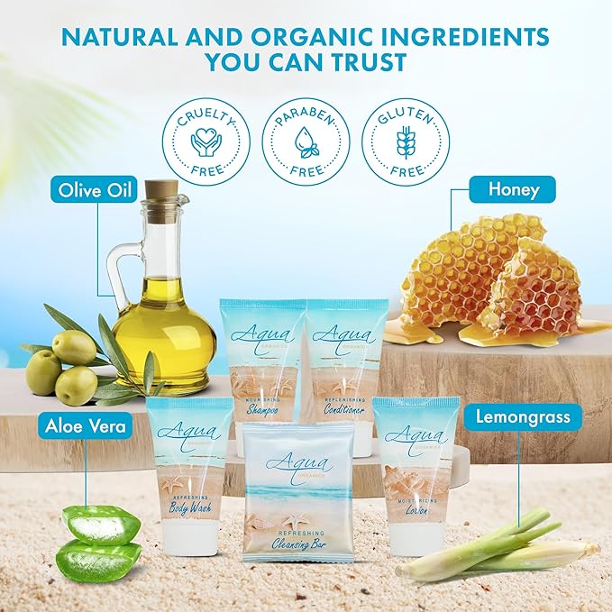 Aqua Organics Amenity & Accessory Kit|1oz Travel Size Shampoo,Conditioner,Lotion,Body Wash,Body Bar, Cleansing Bar, Shave & Dental Sets, Make-Up Remover Wipes & Vanity Kit|60 sets-Velvo Beauty