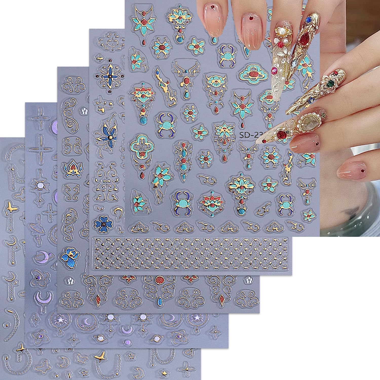 5 Sheets Bohemian Style Nails Art Stickers 3D Self-Adhesive Relief Nails Stickers Stars Moon Sun Golden Butterfly Flower Nail Decal Supplies Women's DIY Bohemian Nail Art Decoration-Velvo Beauty