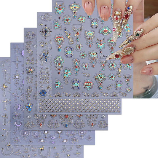 5 Sheets Bohemian Style Nails Art Stickers 3D Self-Adhesive Relief Nails Stickers Stars Moon Sun Golden Butterfly Flower Nail Decal Supplies Women's DIY Bohemian Nail Art Decoration-Velvo Beauty