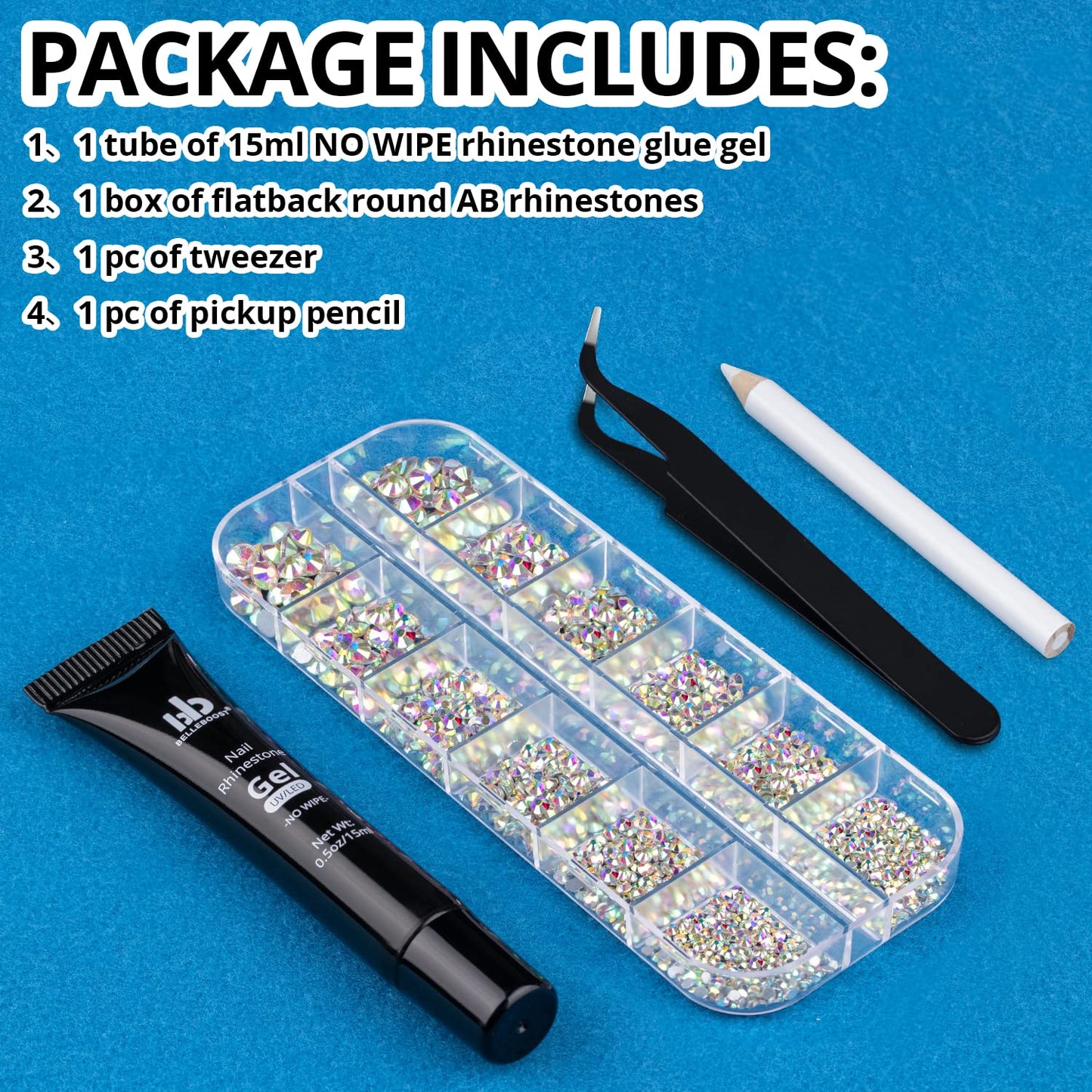 Nail Art Rhinestone Glue Gel&1 Box Flatback Gems Kit, 1 Tube of 15ml Rhinestone Gel Glue(UV/LED Needed)+Crystal AB Gems with Pickup Tools-Velvo Beauty