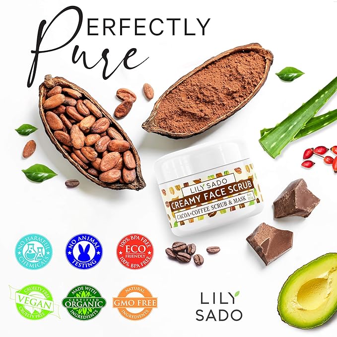 LILY SADO LILY SADO Cocoa & Coffee Creamy Face Scrub - Best Exfoliating VEGAN Facial Cleanser for Women & Men - Natural Face Wash Exfoliates & Energizes Skin, Treats Acne & Reduces Pore Size - 4 oz-Velvo Beauty