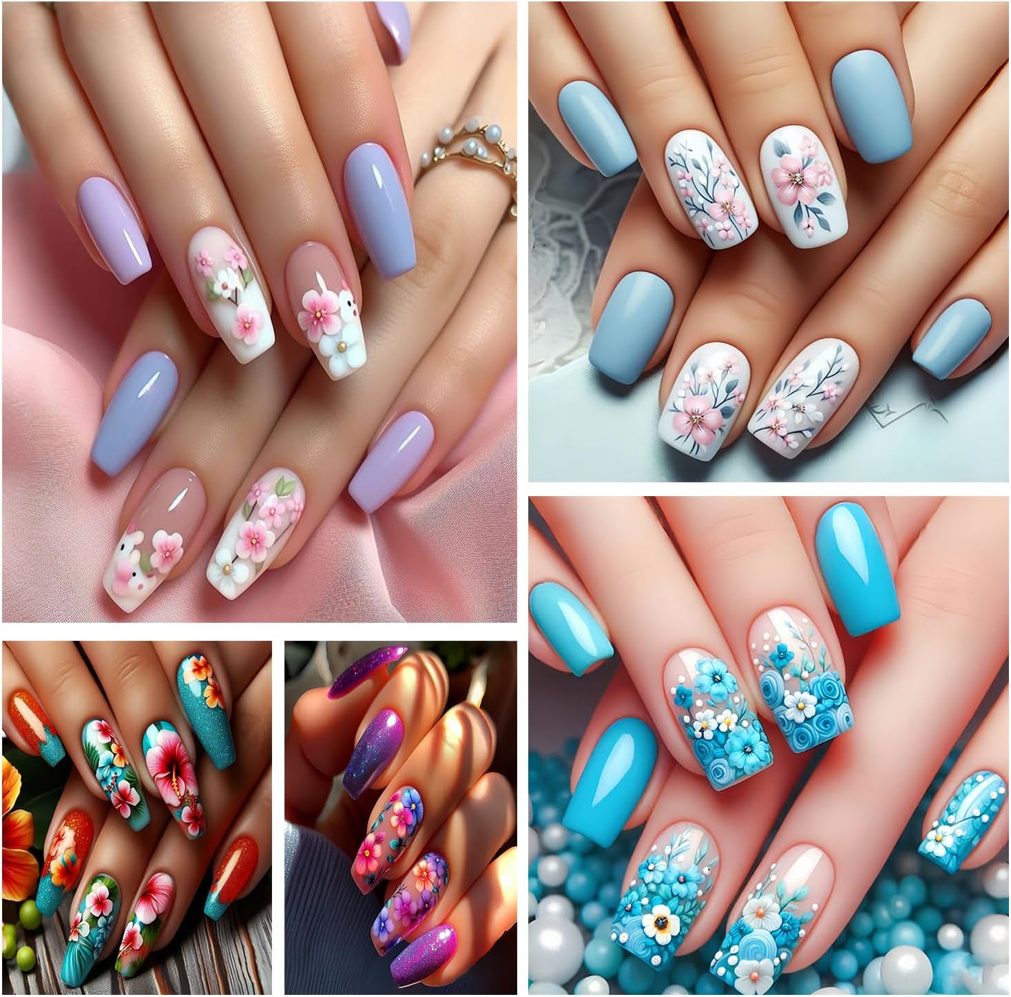 6 Sheets Flower Nail Art Stickers 3D Self-Adhesive Spring Summer Nail Sticker Butterfly Nails Art Decals Holographic Floral Nails Decal Decoration for Women Blossom Manicure DIY Nail Supplies-Velvo Beauty