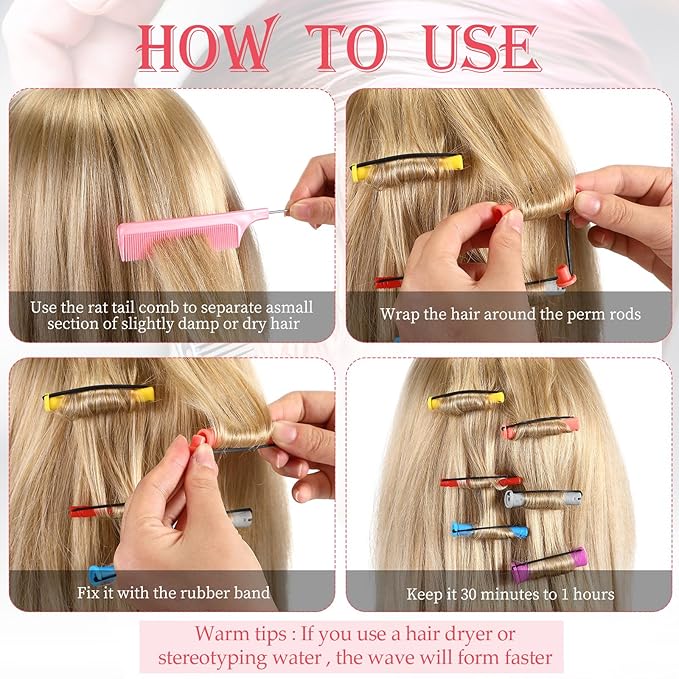 48 Pieces Hair Perm Rods Short Cold Wave Rods Plastic Perming Irons Hair Curling Rollers Curlers with Steel Pintail Comb Rat Tail Comb for Hairdressing Styling Supplies(6 Sizes,6 Colors)-Velvo Beauty