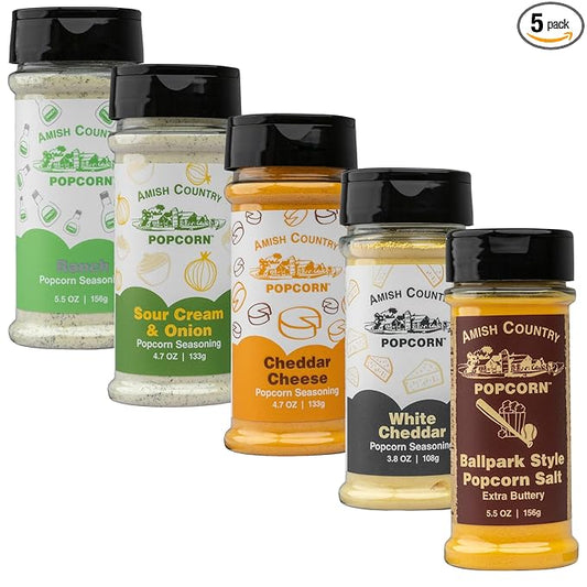 Amish Country Popcorn | Seasoning Variety Pack | 5 Bottles | Ballpark Buttersalt, Cheddar Cheese, White Cheddar, Ranch, Sour Cream and Onion | Old Fashioned, Non-GMO and Gluten Free-Velvo Beauty