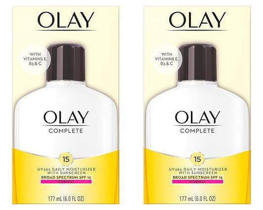 Olay Face Moisturizer, Complete with Sunscreen SPF 15, Daily Facial Lotion for Normal Skin, Lightweight Hydrating Broad Spectrum Sun Protection - Vitamin C, E, and Niacinamide - 6 Oz 2 Pack-Velvo Beauty