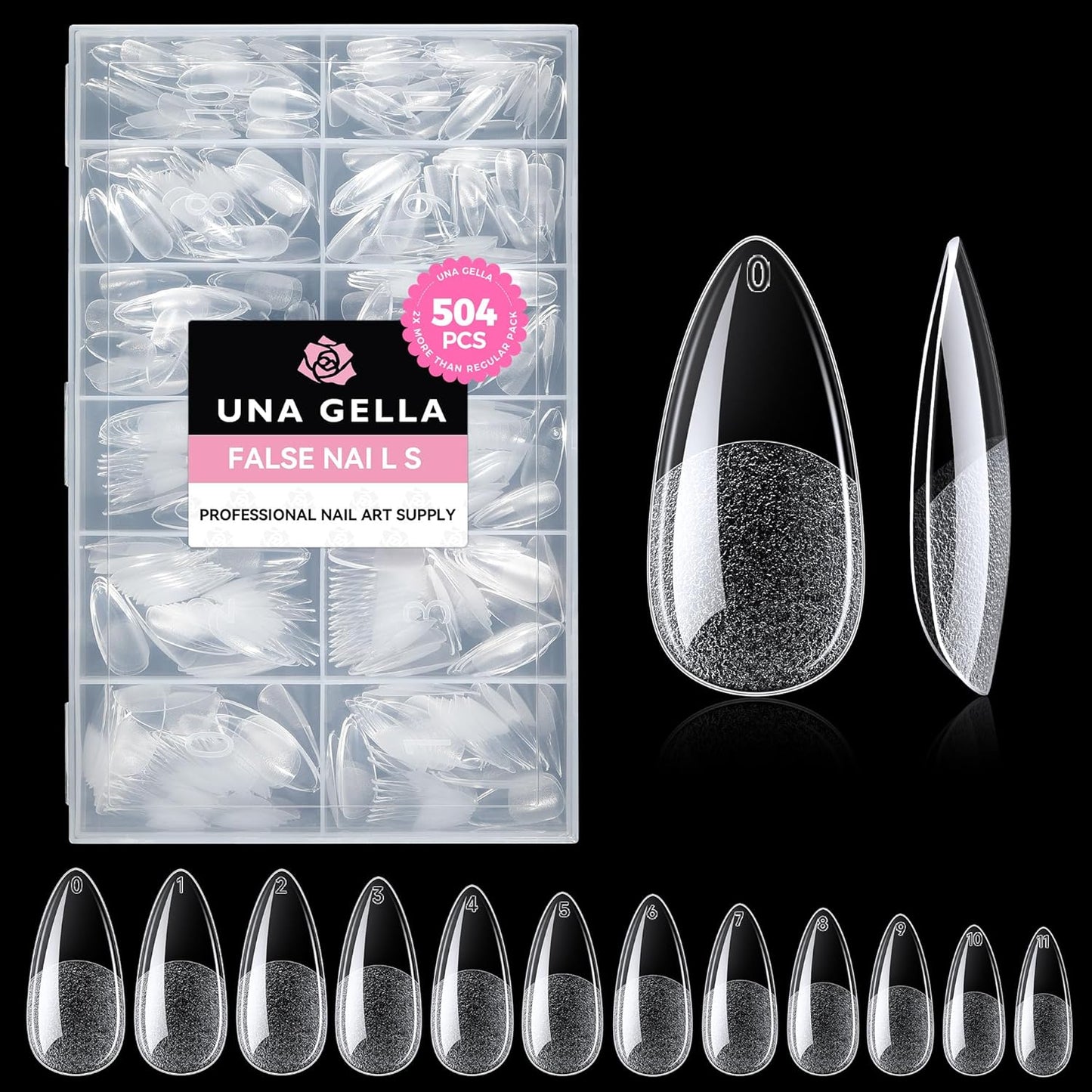 UNA GELLA Almond Gel Nail Tips, 504PCS Pre Etched Clear Fake Nails Tips Medium Almond Shape - 12 Sizes Full Cover Soft Acrylic Press On Nail Extensions No C Curve Gift for Diy at Home-Velvo Beauty