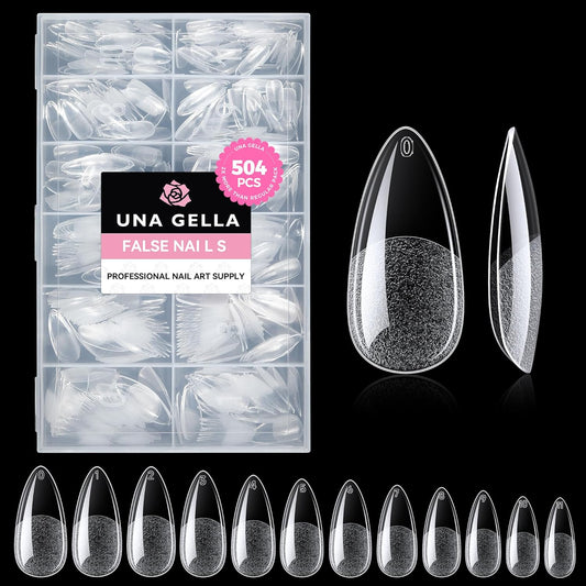 UNA GELLA Almond Gel Nail Tips, 504PCS Pre Etched Clear Fake Nails Tips Medium Almond Shape - 12 Sizes Full Cover Soft Acrylic Press On Nail Extensions No C Curve Gift for Diy at Home-Velvo Beauty