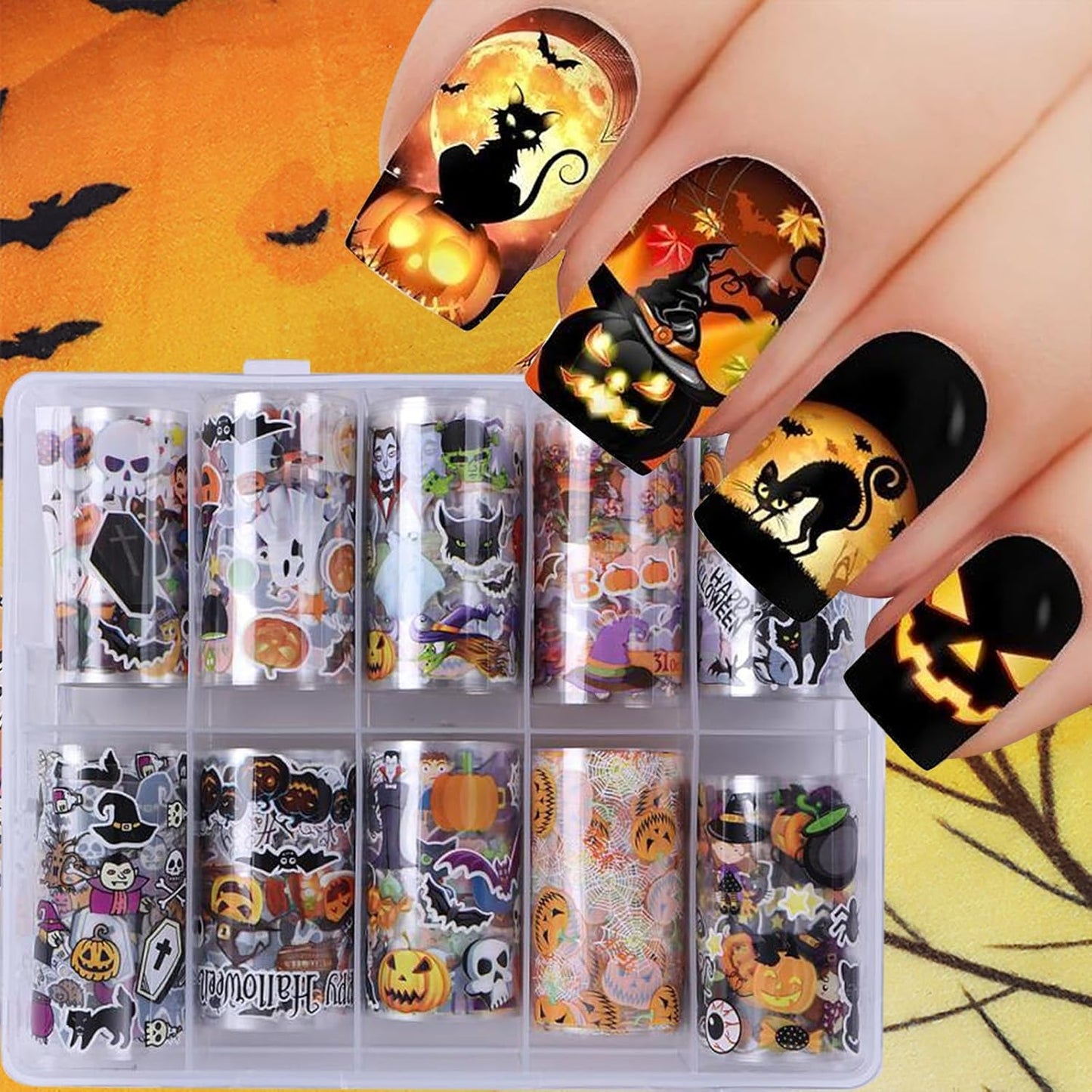 Halloween Nail Foils Transfer Nail Art Pumpkins Foils Nail Art Supplies 10PCS Halloween Ghost Black Cat Bat Spooky Nail Foil Transfer Stickers Starry Sky Paper Manicure Accessories for Women Girls-Velvo Beauty