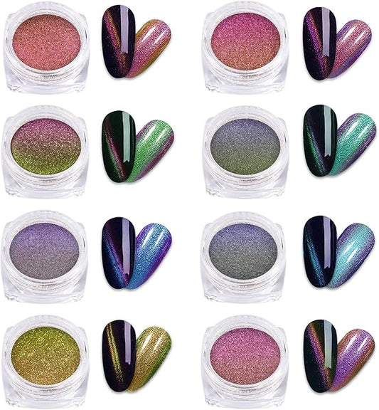 Laza 8 Colors Cat Eye Chrome Nail Powder Chameleon Magnetic Powder 3D Cat Eye Mirror Effect Pigment Dust Magic Galaxy Effect Glitter for Velvet Nail Art - Discolor Candy-Velvo Beauty