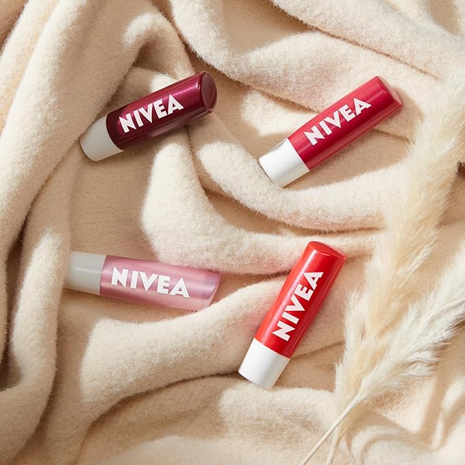 NIVEA Lip Care, Fruity Tinted Lip Balm Variety Pack, Includes Cherry, Strawberry, Blackberry and Watermelon Scents, 0.17 Oz, Pack of 4-Velvo Beauty