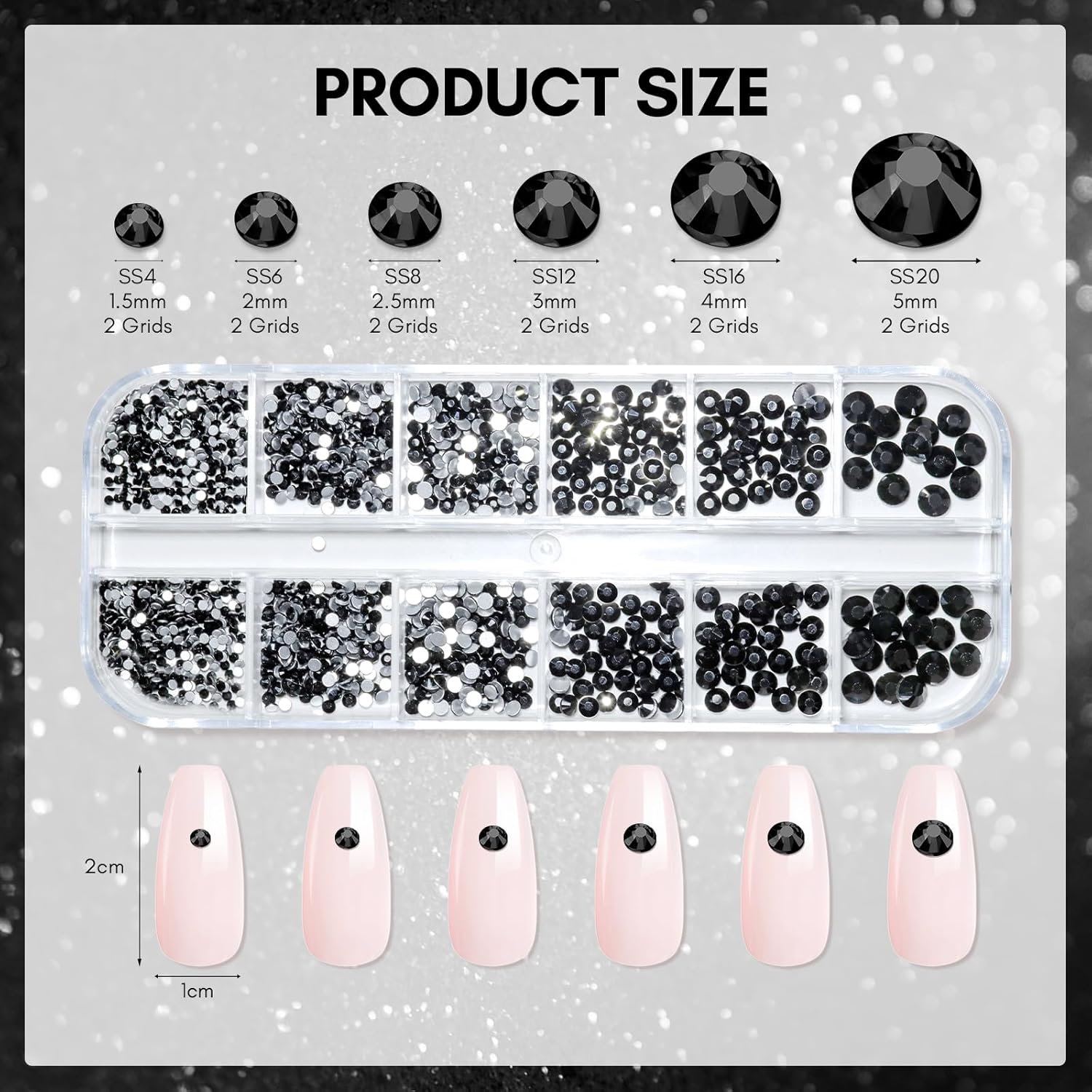 Makartt, 1110 Pcs Rhinestones Set, Black, Round, Multi-Size, Glass or Crystal, for DIY Crafts, Nail Art Supplies Accessories, Christmas Gift-Velvo Beauty