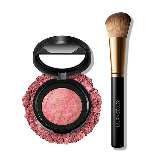 LAURA GELLER NEW YORK Baked Blush-n-Brighten Marbleized Blush + Angled Brush (02 Pink Buttercream, 47mm)-Velvo Beauty