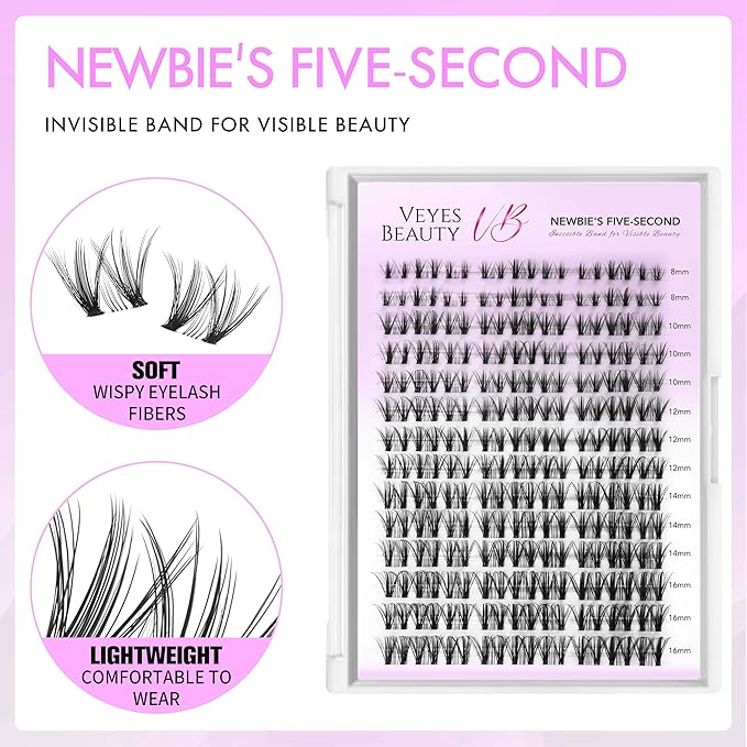 VEYESBEAUTY Lash Clusters Eyelash Extensions Thin & Invisible Band DIY Individual False Eyelashes Newbie's Five-Second Series Wispy Lash Tray for Self-application, Whisper Lashes 8-16mm Mixed Length-Velvo Beauty