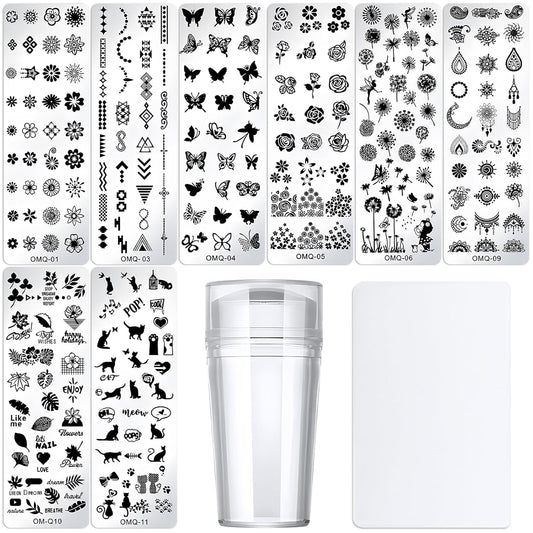 AddFavor Nail Stamper Kit 8pcs Stamping Plates Minimalist Geometric Butterfly Leaf Image Template for DIY Decorating Polish Gel Plate Print Stamper Manicure Stencils Tools-Velvo Beauty