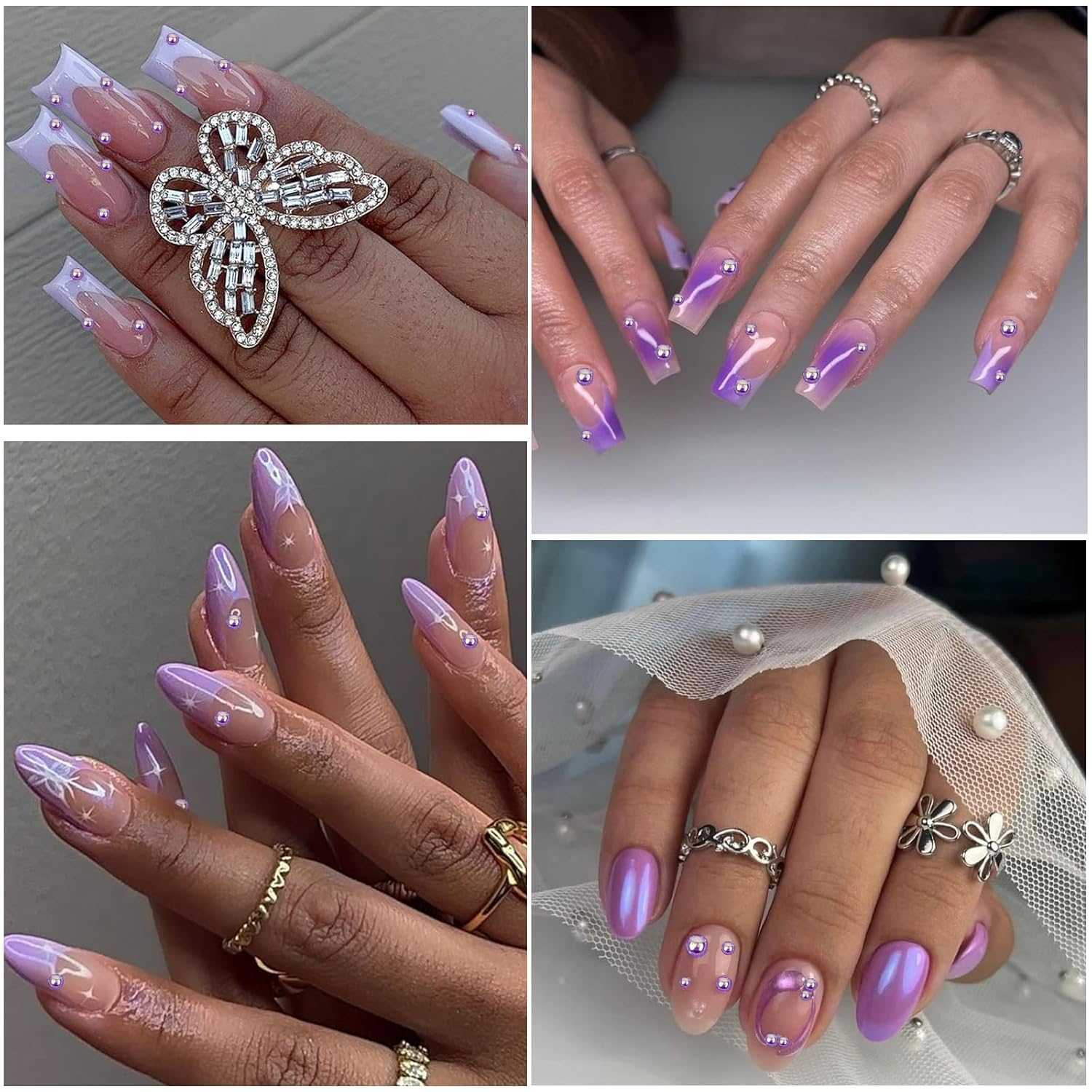 Nail Art Pearls with Rhinestones Glue Gel Flatback Pearls Nail Charms Luxurious Nails Supplies Accessories Gold Silver Gems Jewelry Pearl for Women Nails Design(Purple)-Velvo Beauty