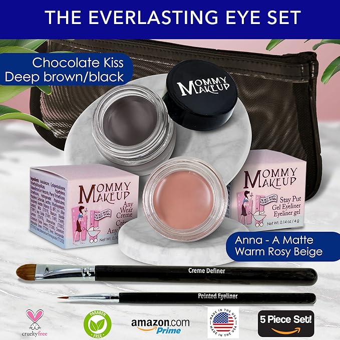 The Everlasting Eye 5 Piece Waterproof Makeup Set. Gel Eyeliner, Creme Eyeshadow, 2 brushes and Mesh Bag. Paraben-free, Talc-free, Cruelty-free. Anna/Chocolate Kiss 1202-Velvo Beauty