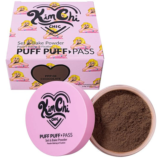 Kimchi Chic Beauty Puff Puff Pass Set and Bake Powder, Loose Face Powder with Extra Fluffy Setting Powder Puff, Soft Brown Face Makeup for Uneven Skin Tone, 08 Chocolate-Velvo Beauty