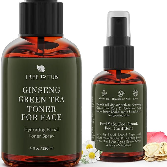 Deep Calming Toner Spray for Sensitive Skin by Tree To Tub—pH 5.5 Balanced, Face Priming and Hydrating with Hyaluronic Acid, Organic Witch Hazel, Rose Water, Ginseng, Green Tea, 4 oz-Velvo Beauty