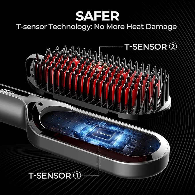 TYMO Hair Straightener Brush - Upgraded Ionic Plus Straightening Brush with Dense Bristles, 16 Temps, Dual Voltage | Ceramic Hot Comb for Women | Flat Iron for Thick Curly Hair, Black-Velvo Beauty