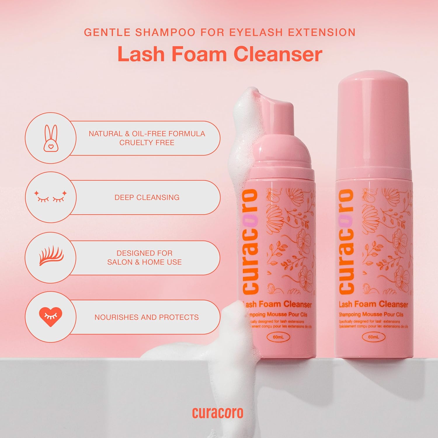 Curacoro 60ML Eyelash Extension Cleanser - Lash Shampoo for Lash Extensions, Eyelash Extension Foam Cleanser for Dry & Sensitive Skin, Gently Removes Waterproof Makeup for Professional & Home Use-Velvo Beauty
