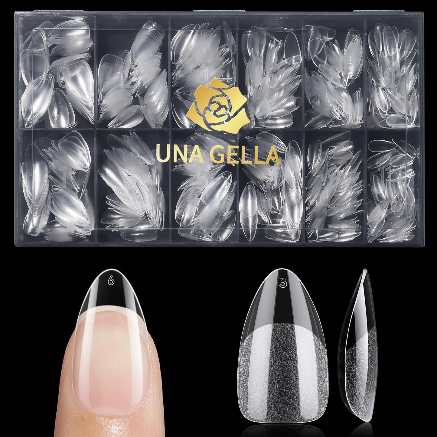 UNA GELLA Almond Nail Tips, Pre-shape Short Almond Gel Nail Tips 240Pcs Full Cover Soft Gel Fake Nails No C Curve Press On Nails For Women Girl At Home DIY Salon with Box 12 Sizes-Velvo Beauty