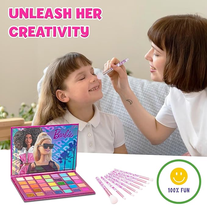 Barbie - Townley Girl 35-Well Eyeshadow Palette, Shimmery and Opaque Colors, Pigmented Blendable, 8 Application Brushes Non-Toxic 8+, Perfect for Parties, Sleepovers & Makeovers-Velvo Beauty