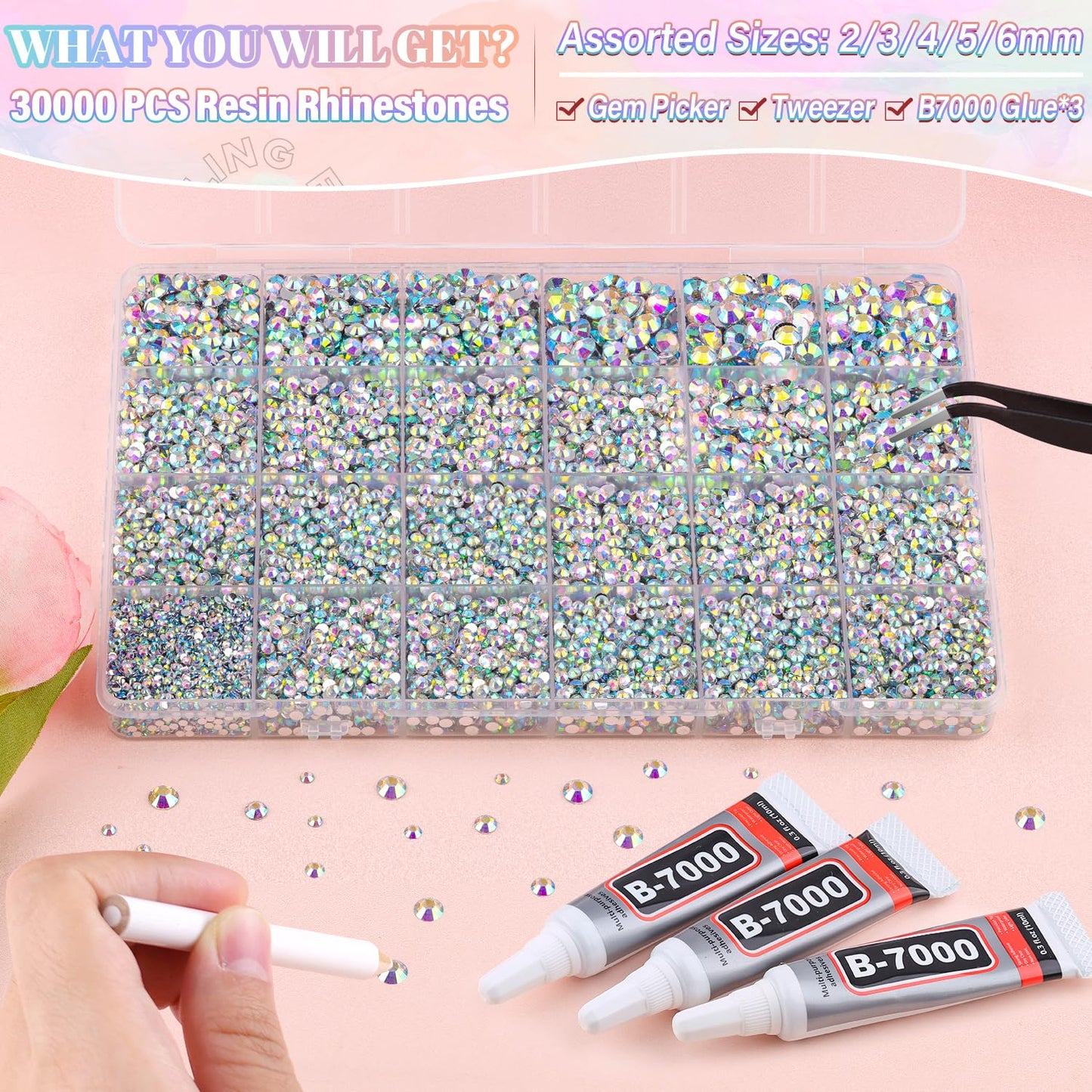 30000Pcs Resin AB Rhinestones for Bedazzling Crafting with b7000 Jewelry Glue, Bulk Flatback Gems Bedazzler Kit for Crafts Clothes Shoes Fabric Nail Diamond Art, Assorted Size 2/3/4/5/6mm-Velvo Beauty