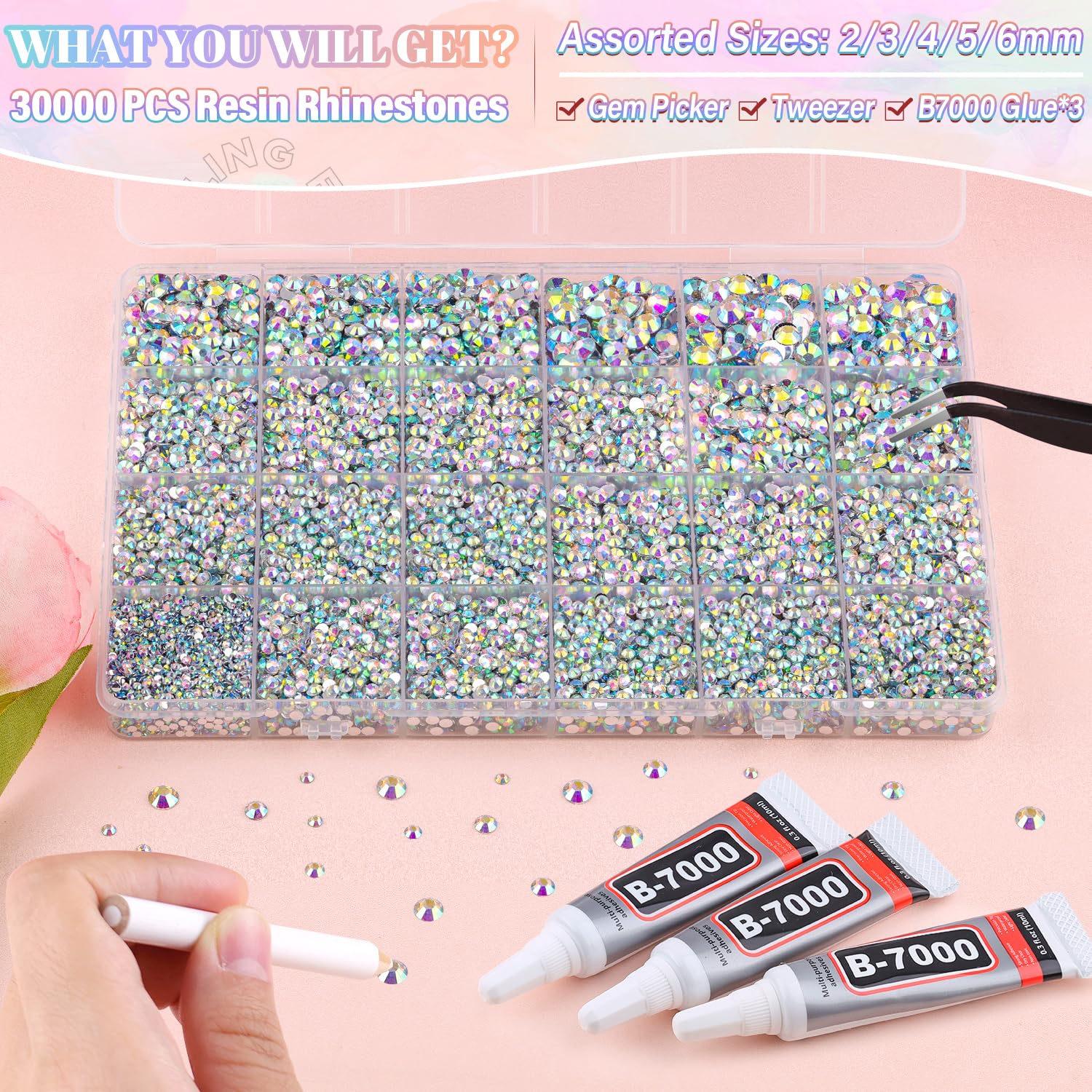 30000Pcs Resin AB Rhinestones for Bedazzling Crafting with b7000 Jewelry Glue, Bulk Flatback Gems Bedazzler Kit for Crafts Clothes Shoes Fabric Nail Diamond Art, Assorted Size 2/3/4/5/6mm-Velvo Beauty