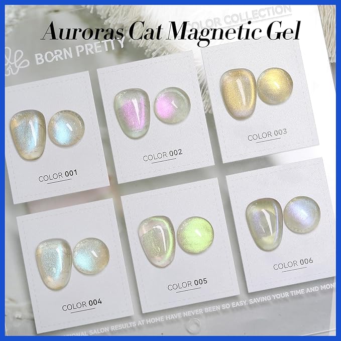 Born Pretty Cat Magnetic Eye Gel Nail Polish Aurora Mermaid Blue Purple Pink Yellow Red Gel Polish Glass Holographic Glitter Gel Nail Polish for Nail Art Manicure Salon DIY 6PCS 7ML-Velvo Beauty