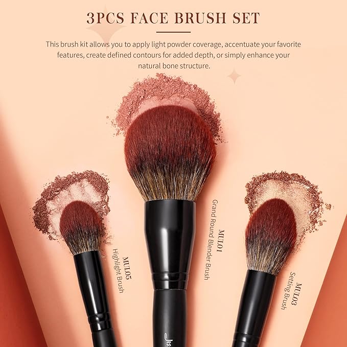 Jessup Large Face Makeup Brushes 3pcs, Premium Synthetic Powder Contour Highlighter Brush, Phantom Black T274-Velvo Beauty