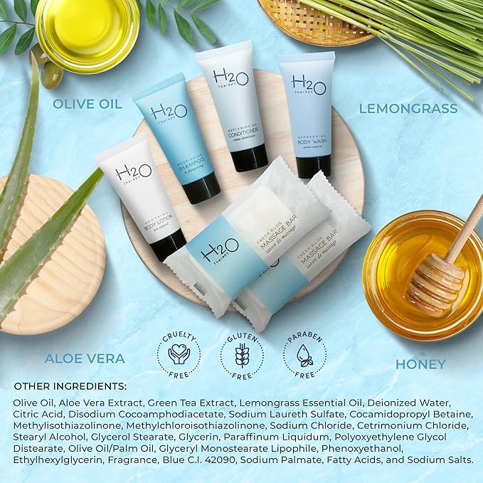 H2O Therapy Amenity & Accessory Kit | 0.85 oz Travel Size Shampoo, Conditioner, Lotion, Body Wash, Massage Bar, Cleansing Bar, Shave & Dental Sets, Make-Up Remover Wipes, & Vanity Kit | 15 sets/case-Velvo Beauty