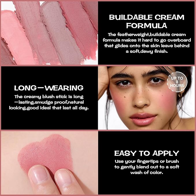 FOCALLURE Cream Blush Makeup,Buildable Blush Stick for Cheeks,Matte and Dewy Finish,Long Wearing,Easy Application,Lightweight Multi Stick,ROSE FLUSH-Velvo Beauty