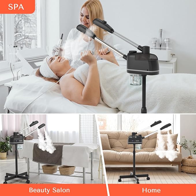 TASALON 2 in 1 Professional Facial Steamer on Wheels -with Ozone and Hot & Cold Mist, Ionic Facial Steamer Kit for Facial Deep Cleaning and Moisturize, SPA & Home, Ozone Face Humidifier - Black-Velvo Beauty