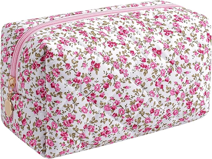 Makeup Bag Travel Cosmetic Bag for Women Girls, Zipper Make Up Pouch, Floral Flowers Toiletry Organizer Makeup, Portable Storage Cosmetic Travel Cloth Bag (Red-Floral)-Velvo Beauty
