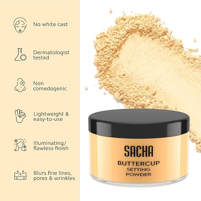 Sacha BUTTERCUP Setting Powder Makeup 1.75 Oz. Translucent Setting Powder for Oily Skin Finishing Powder Loose Powder Makeup Blurring Powder Blurs Fine Lines and Pores For Medium to Dark Skin Tones-Velvo Beauty