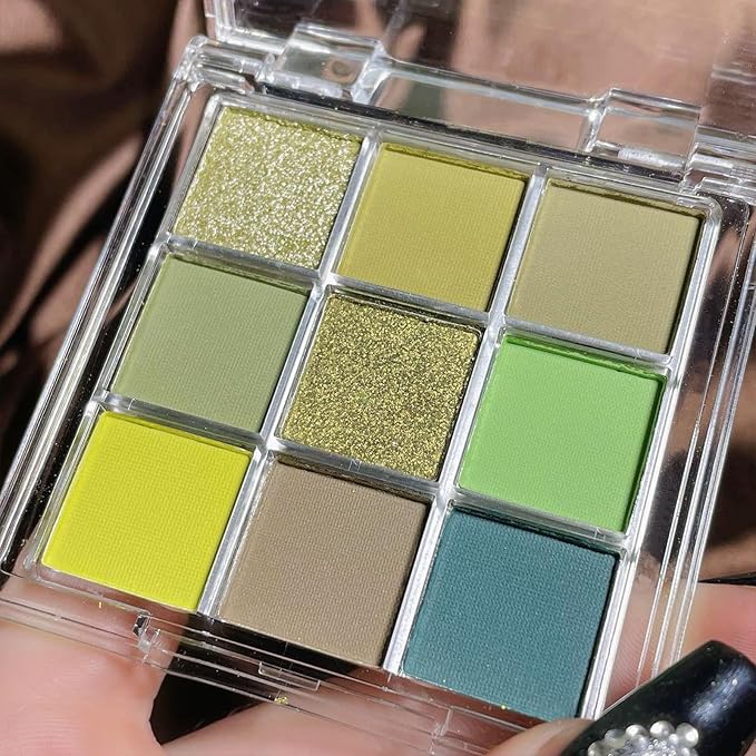 Erinde 9 Colors Eyeshadow Palette, Matte Shimmer Glitter Eye Shadow Palette Makeup, Highly Pigmented Long Lasting Waterproof, Natural Neutral Nude Eyeshadow Make Up Pallet, Yellow Green-Velvo Beauty