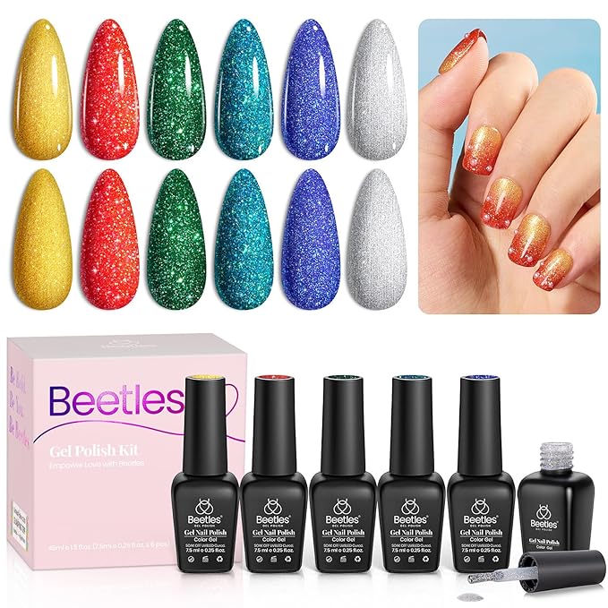 Beetles Glitter Gel Nail Polish, 6 Colors Red Green Gel Nail Polish Set Soak Off Uv LED Nail Lamp Reflective Glitter Nail Art DIY Home Nails Manicure Gifts for Women Her Girls-Velvo Beauty