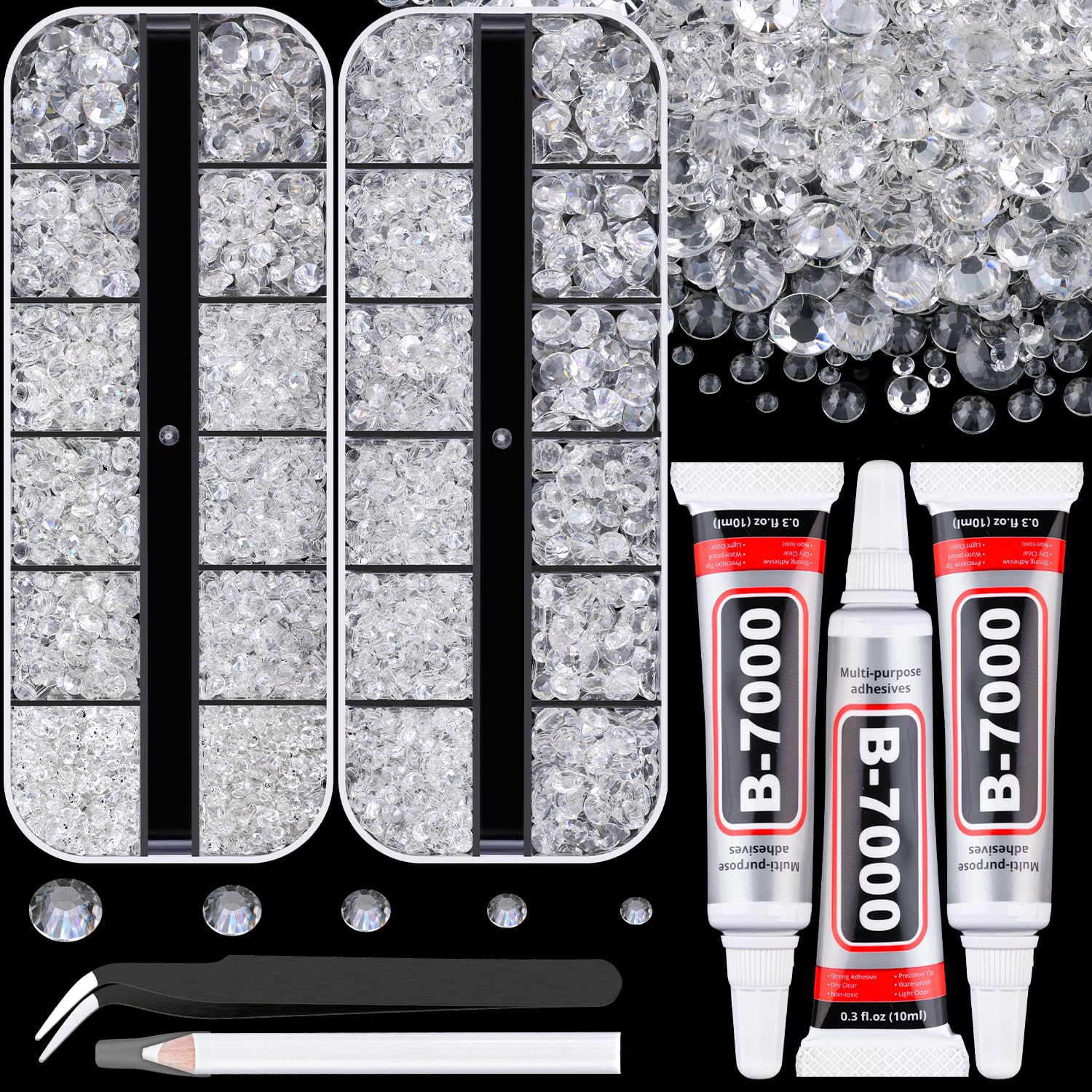 Resin Rhinestones for Crafting with B7000 Jewelry Glue, 2 Boxes Transparent Flatback Crystals with 3Pcs 10ml Glue for Bedazzling Crafts DIY Nail Art Makeup, Gems for Clothing Shoes-Velvo Beauty