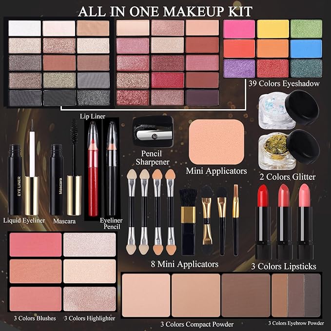 Professional Makeup Kit for Women Girl Full Kit with Mirror 60 Colors All in One Make up Gift Set Included Eyeshadow,Blusher,Highlighter,Compact Powder,Brow Powder,Lipstick,Glitter,Eyeliner,Mascara 01-Velvo Beauty