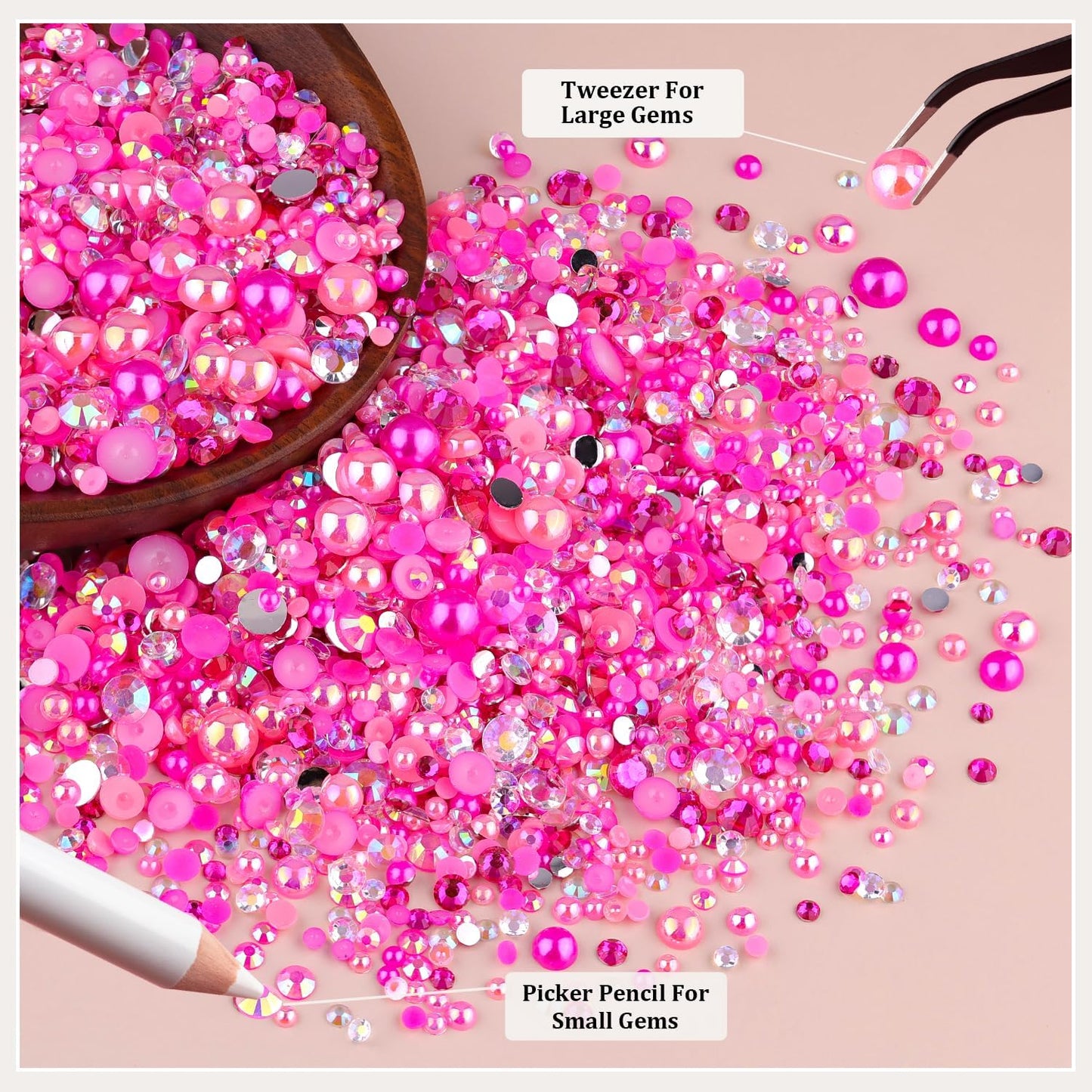9000PCS Flatback Pearls and Rhinestones for Crafting, Dark Pink Mixed Size 3-10mm Resin Rhinestones and Half Pearls for Bedazzling, Nail Art and Decoration with Tweezer and Pickup Pencil-Velvo Beauty