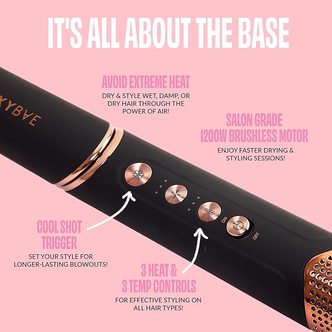 FoxyBae Super Styler Pro Interchangeable 5 in 1 Hair Styler Wand Curling Iron Set - w/Drying Cylinder, Ceramic Blowout & Round Brushes, 2 Auto-Wrap Curlers - Frizz-Free, Smooth Hair [Black Rose-Gold]-Velvo Beauty