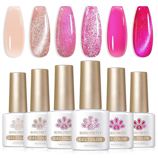 Born Pretty Gel Nail Polish Pink Series,Jelly Transparent Gel Polish, Cat Magnetic Eye,Holographic Glitter Hot Pink Nude Gel Polish for Salon Manicure and Nail Art DIY at Home 6 Colors-Velvo Beauty